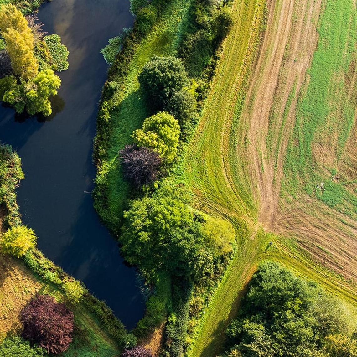 Birds eye view of farmland with a pond 