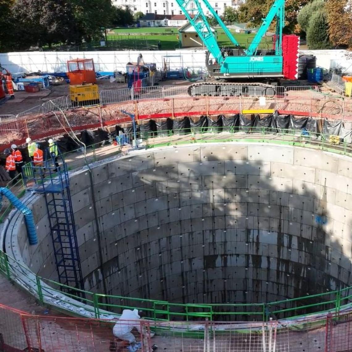 Aerial view of a storm storage tank being constructed by South West Water operatives.