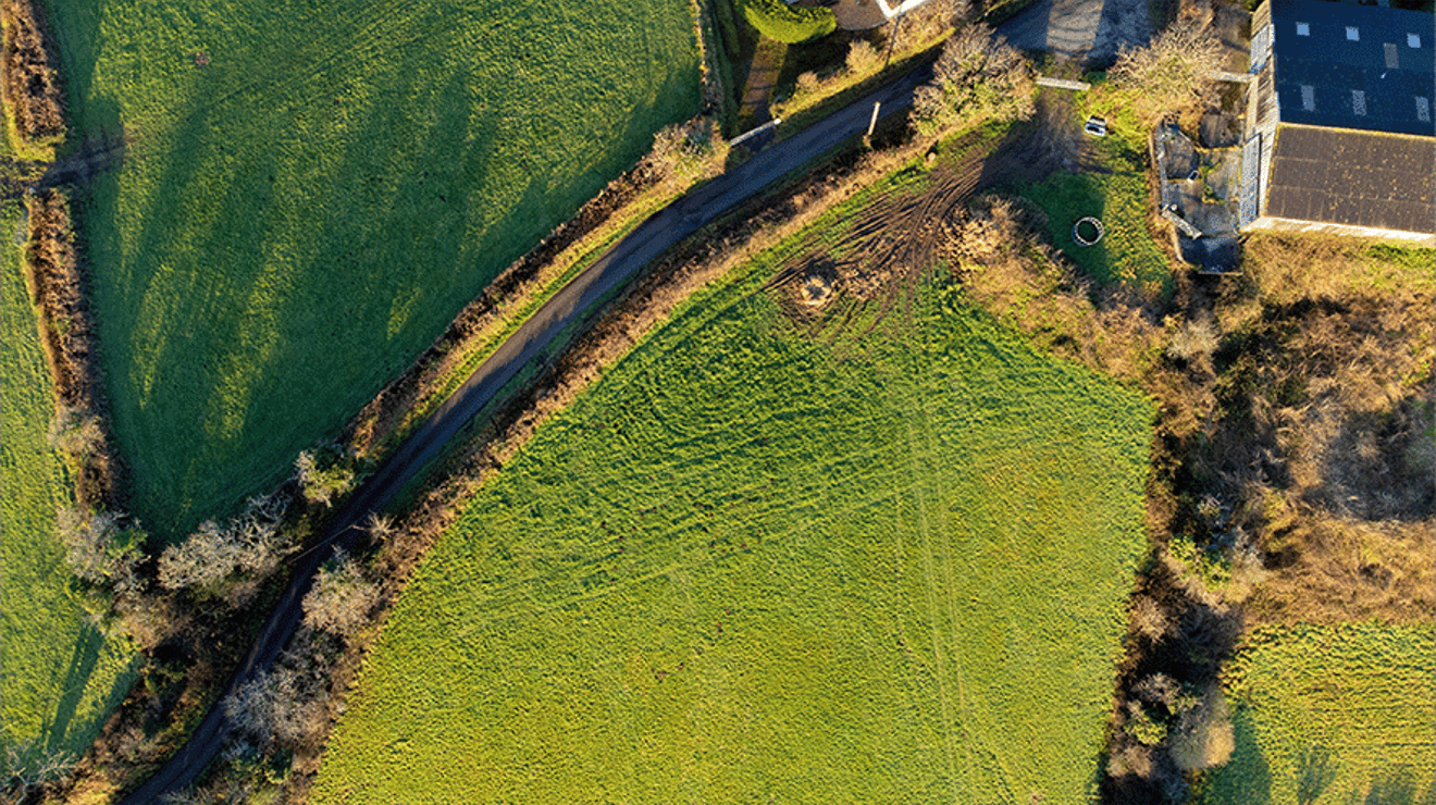 Birds eye view of some green fields