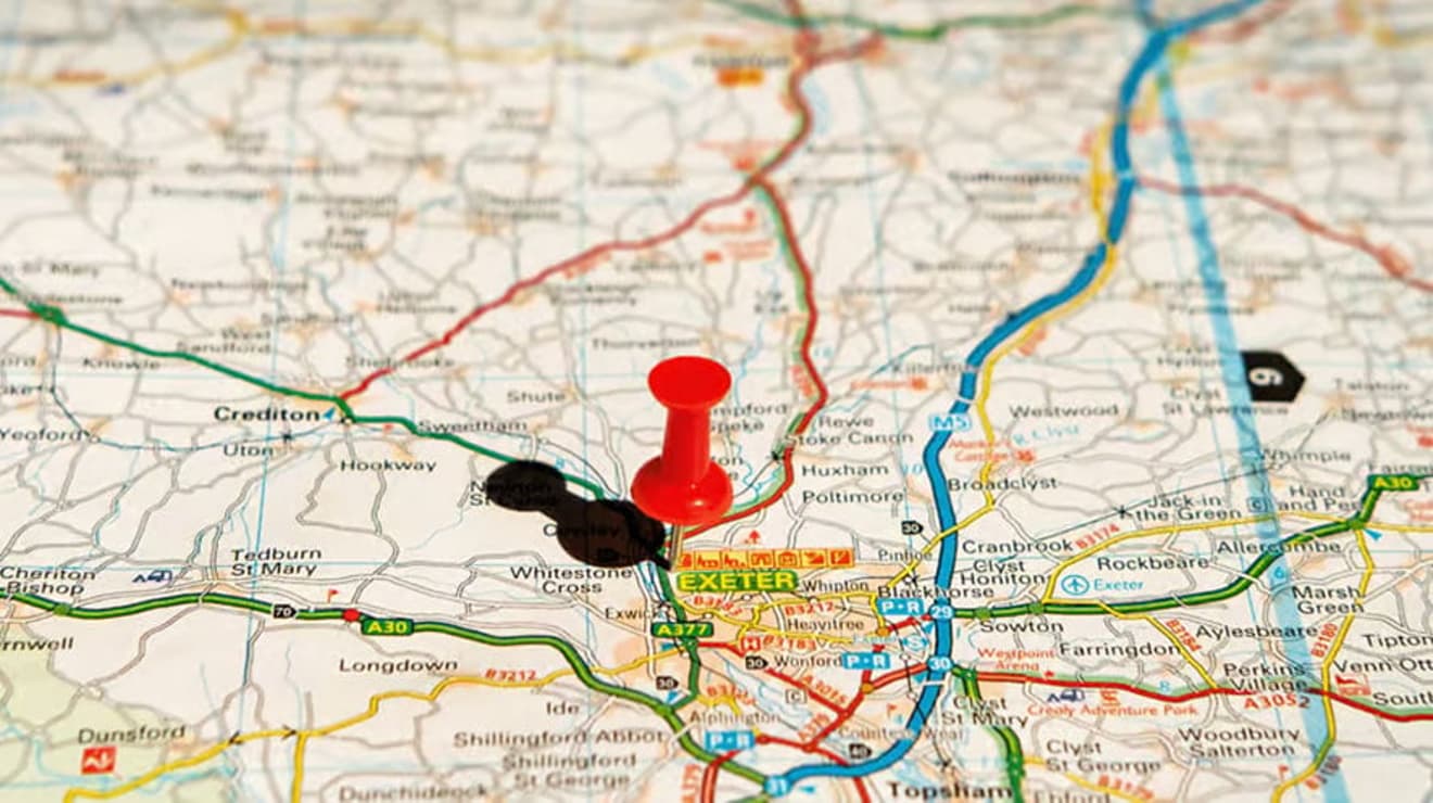 Pin in a map of Exeter