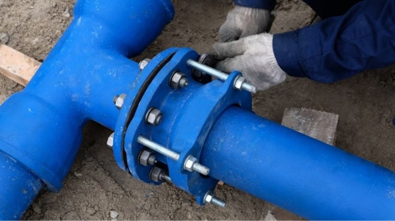 Engineer fixing two water main pipes together