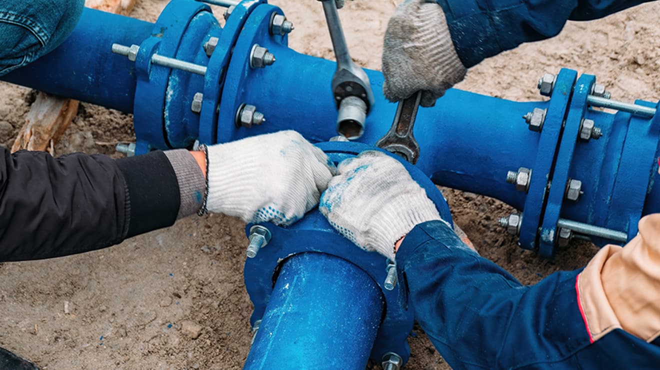 Two men working on a water pipe 