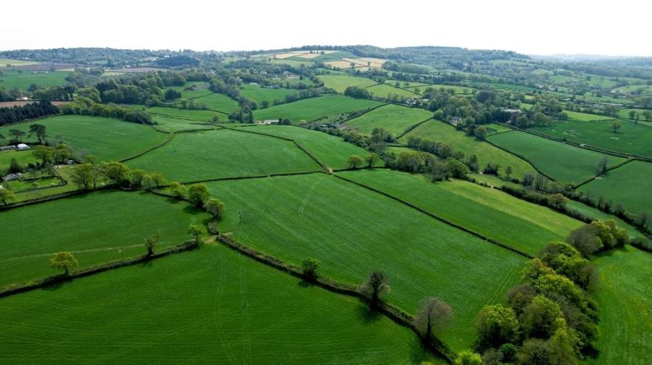 Aerial view of the rolling countryside across the Blackdown Hills