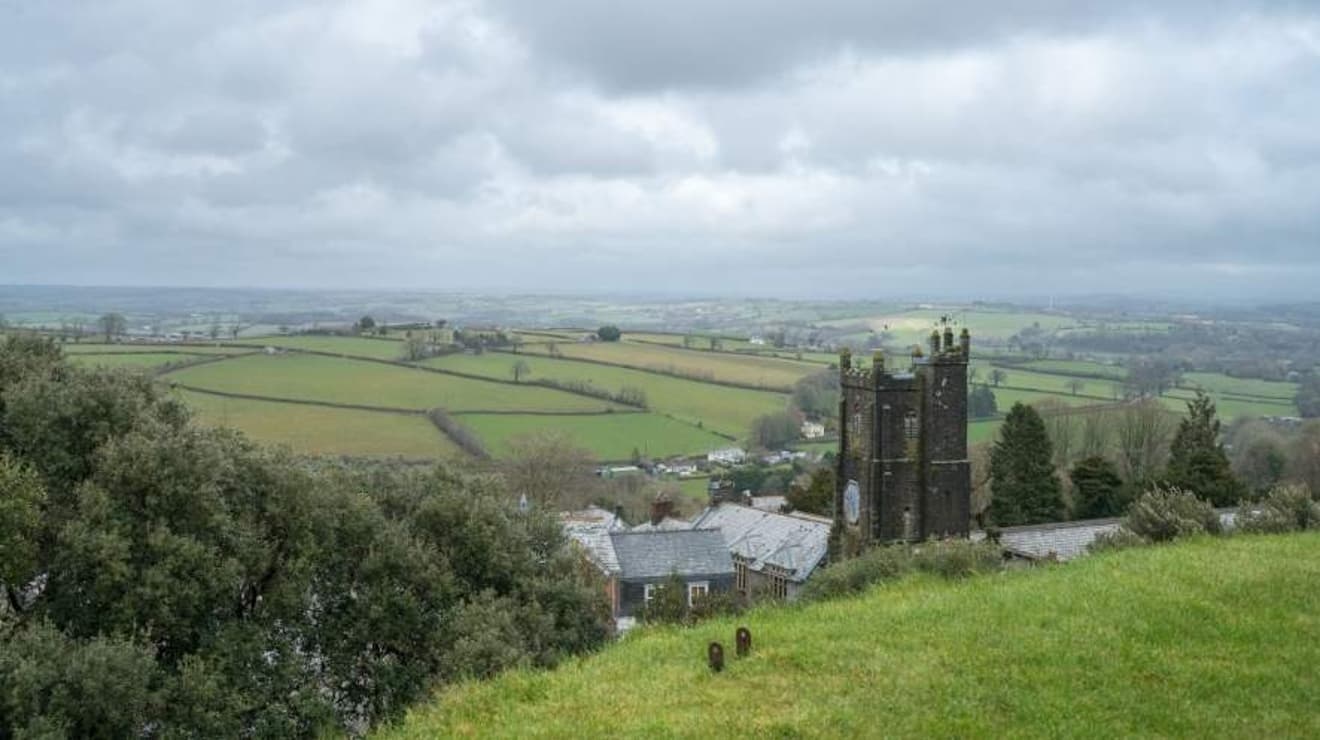 Scenic view overlooking Launceston town and hills