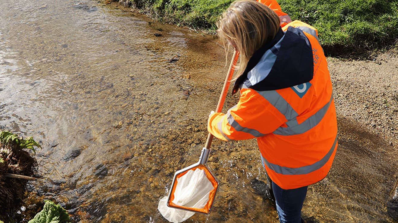 Worker in a pond wearing a hi vis jacket