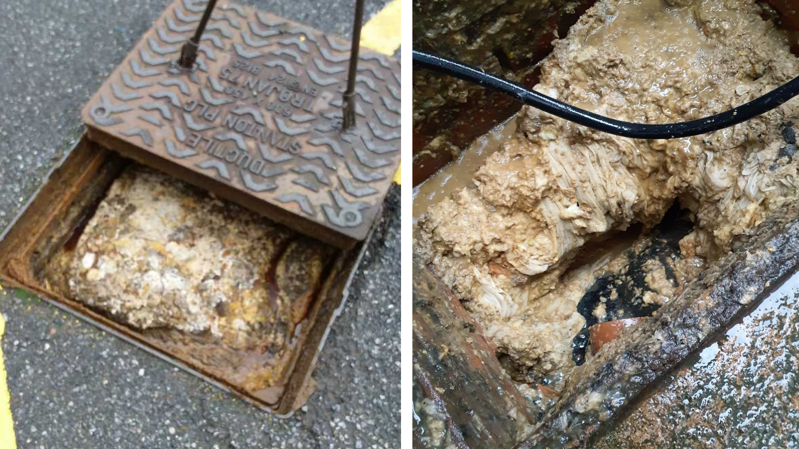 Close up of fatberg in a drain