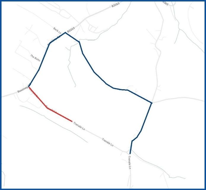 Road map highlights in a red line, the area that is subject to restriction and a blue line which shows the alternative route.