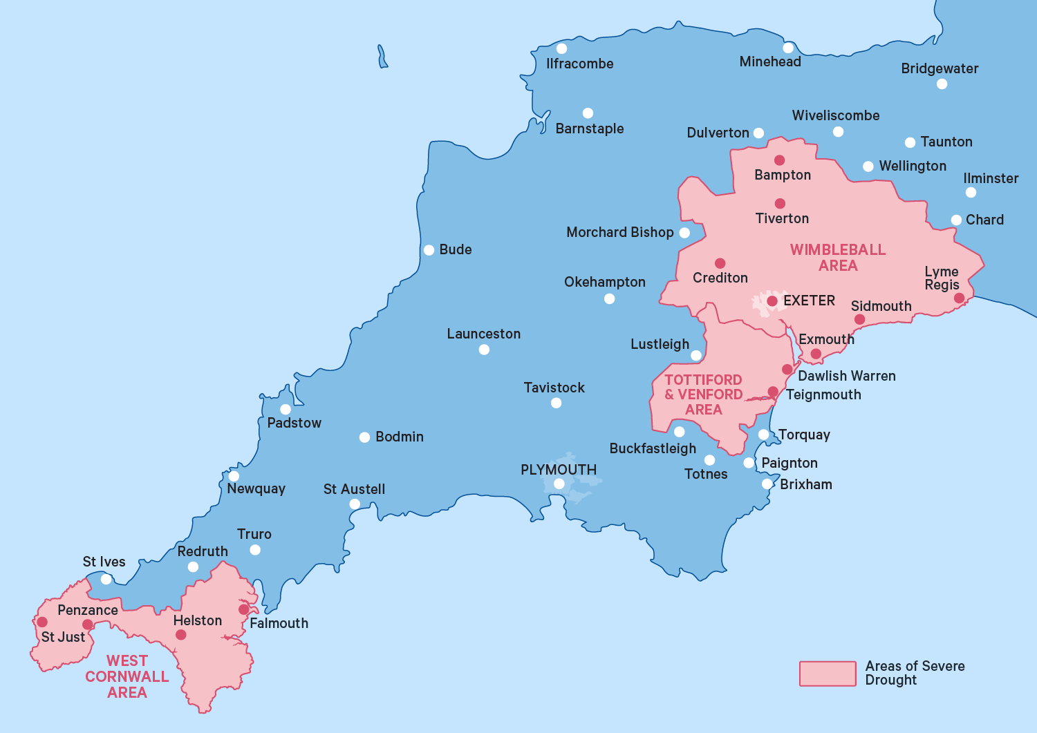 Map of South West England showing areas affected by severe drought